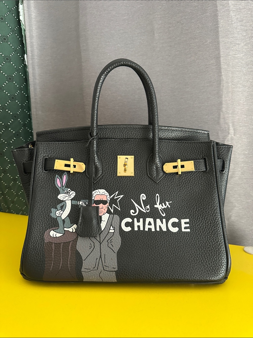 Black Leather Satchel with Graphic Print and Gold Hardware